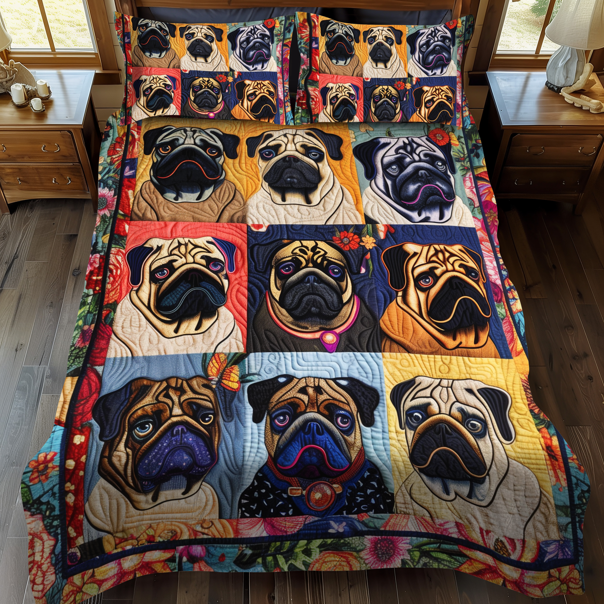 Adorable Baby Pugs 3-Piece Quilted Bedding Set