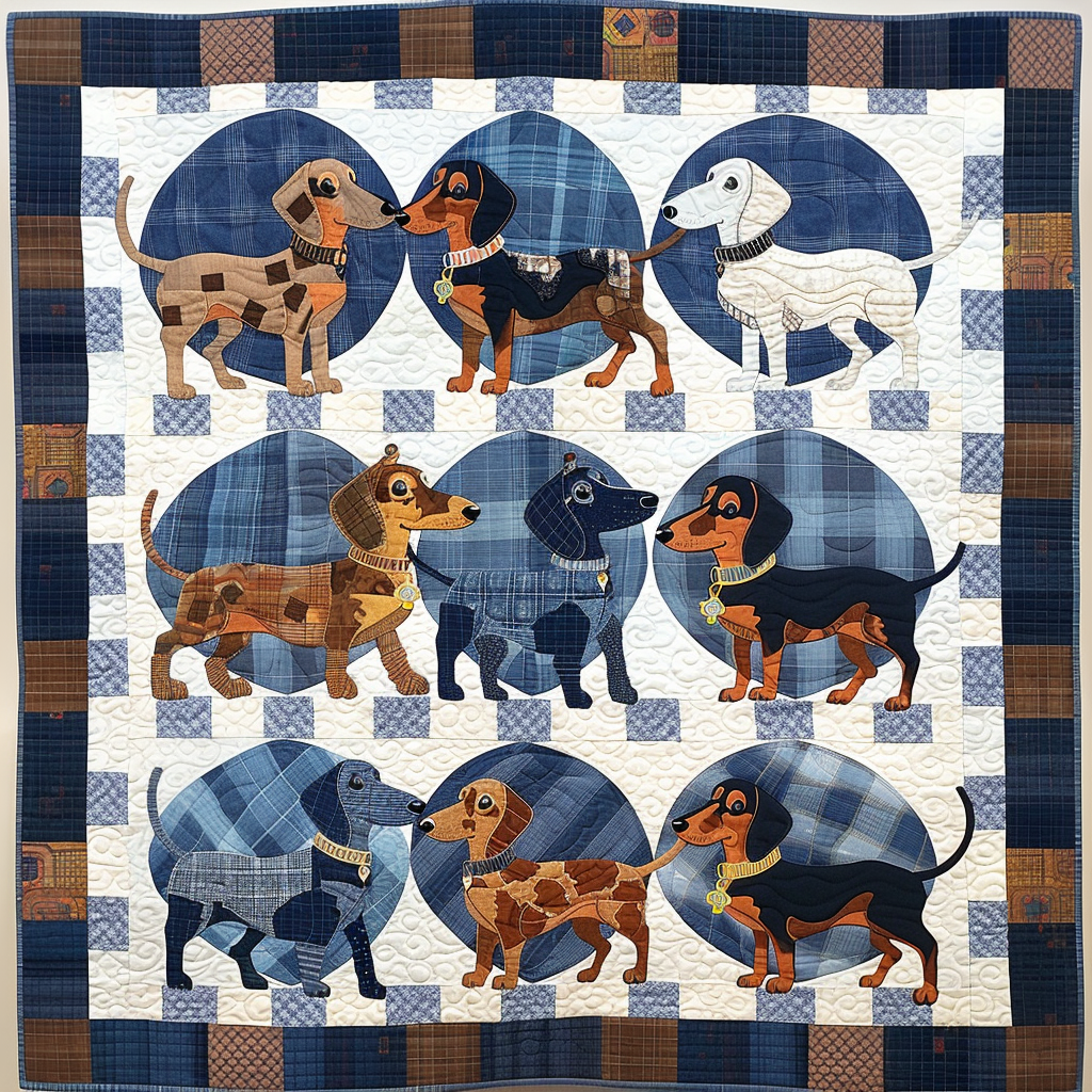 Blue Charming Dachshund Quilted Blanket