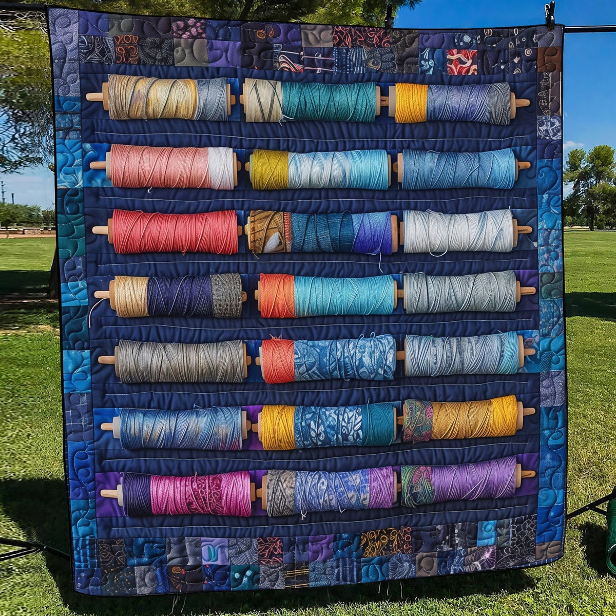 Bluish Spools Quilted Blanket