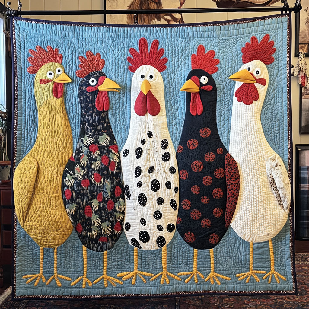 Chickens in Bloom Quilted Blanket