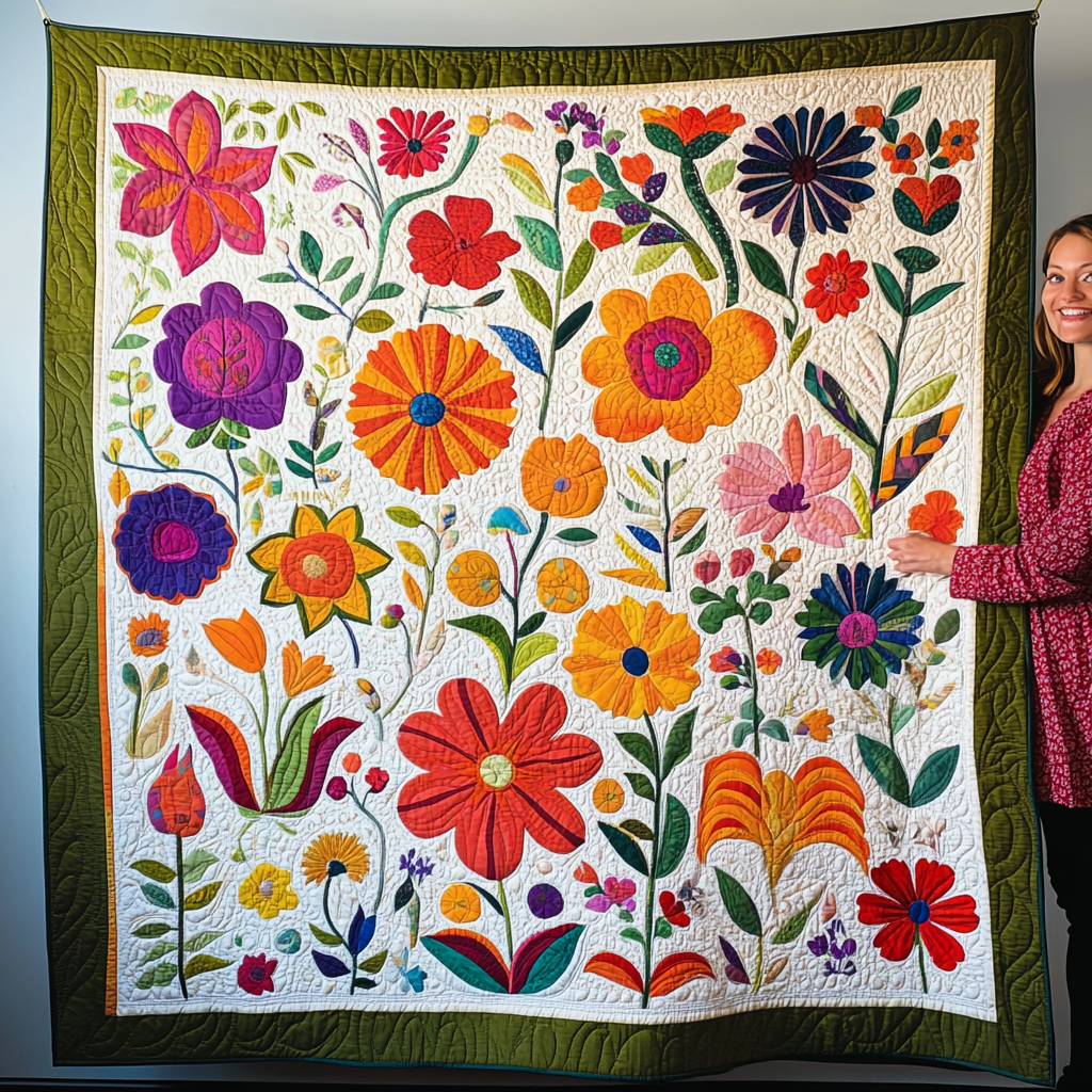 Chromatic Flowers Quilted Blanket