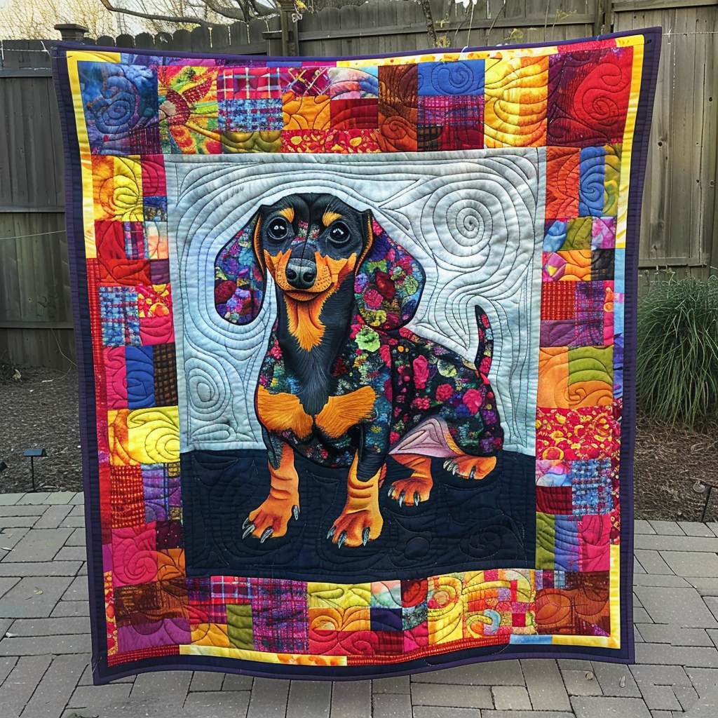 Colorful Weenie Puppy Quilted Blanket