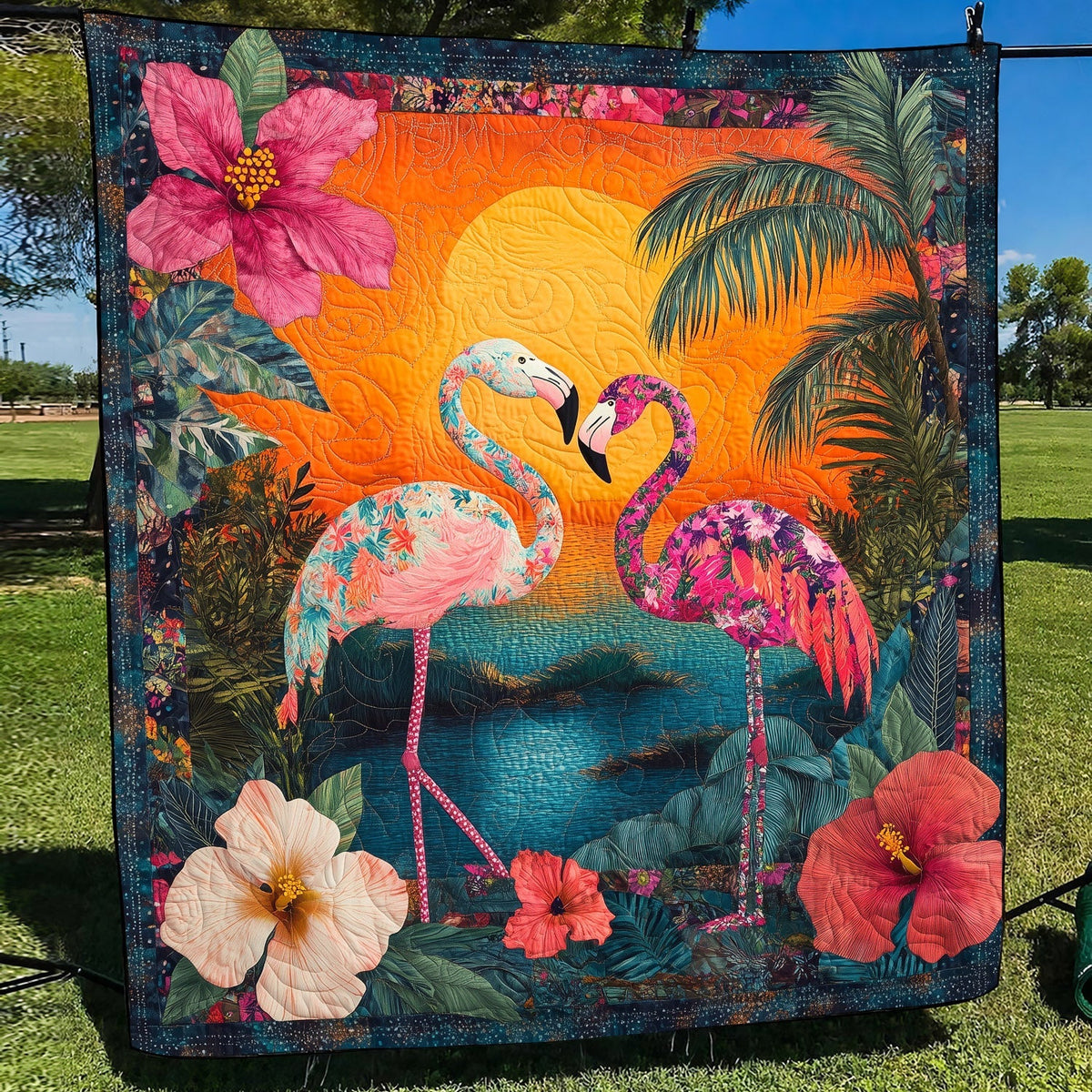 Flamingo Sunset Quilted Blanket