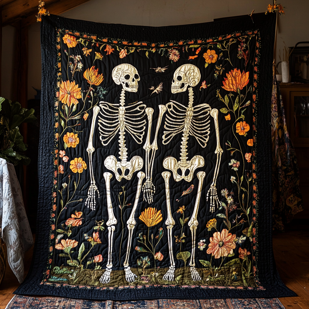 Floral Skeleton Halloween Quilted Blanket