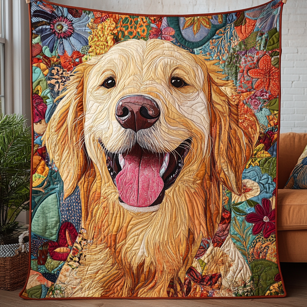 Happy Golden Retriever Quilted Blanket