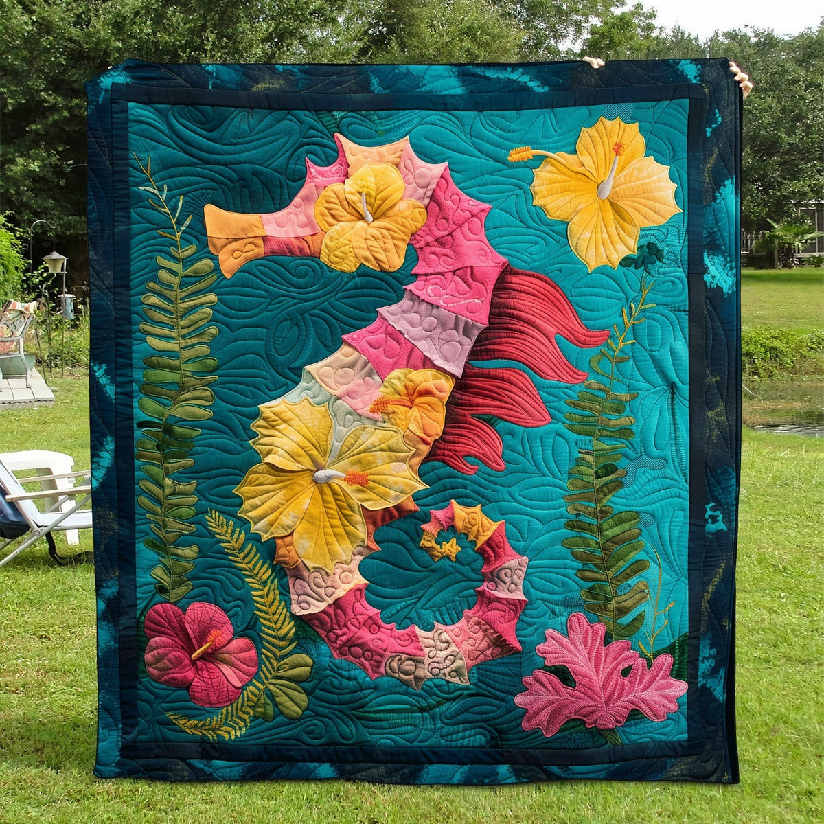 Hibiscus Seahorse Quilted Blanket