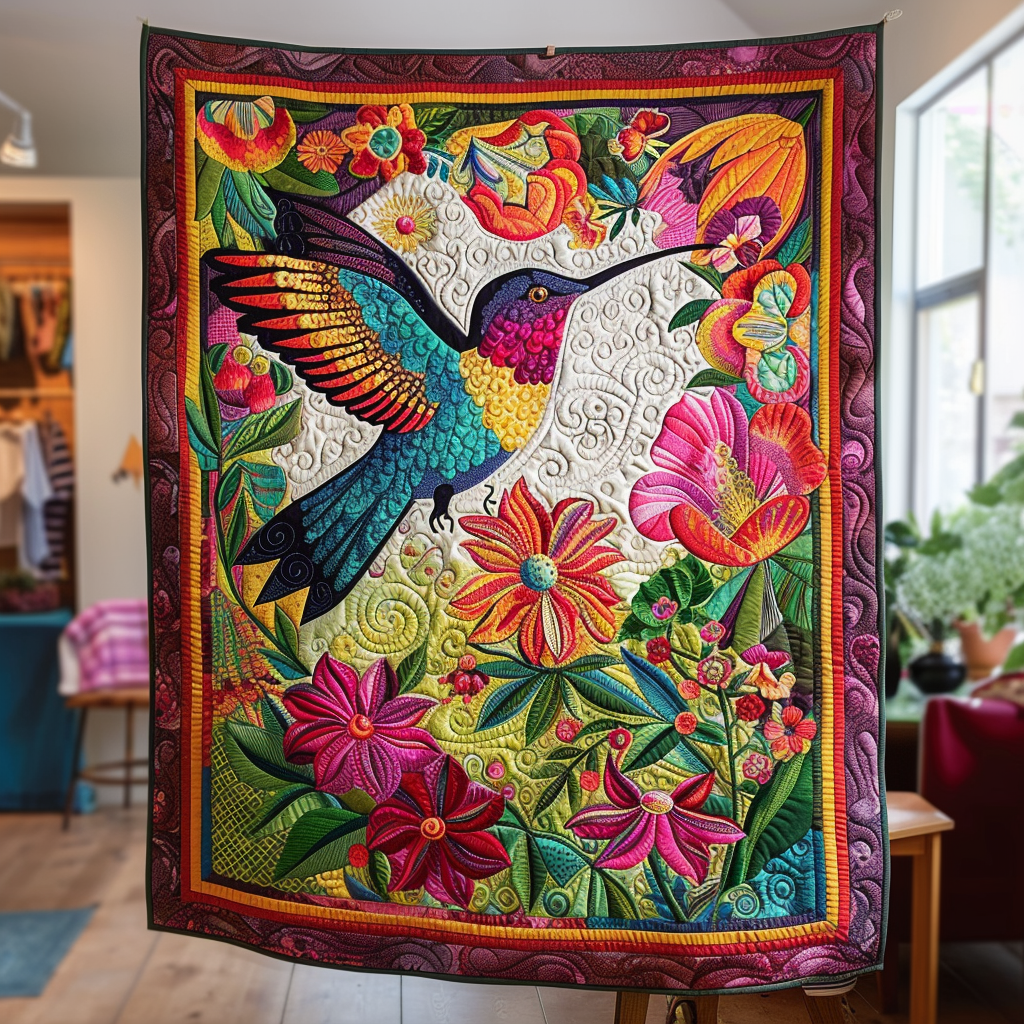 Hummingbird In Bloom Quilted Blanket