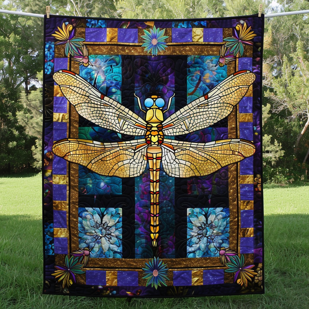 Mystical Emerald Whisper Dragonfly Quilted Blanket