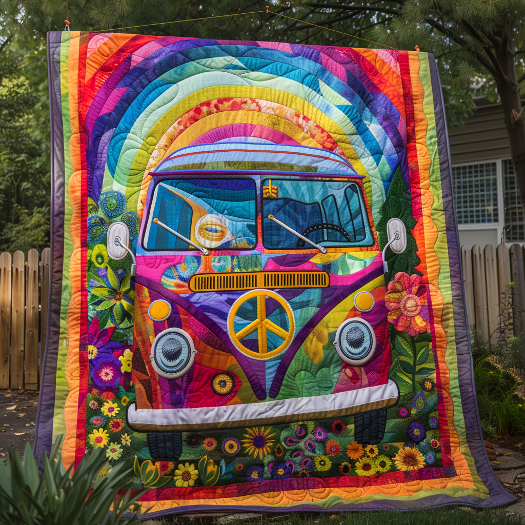 Rainbow Hippie Bus Quilted Blanket
