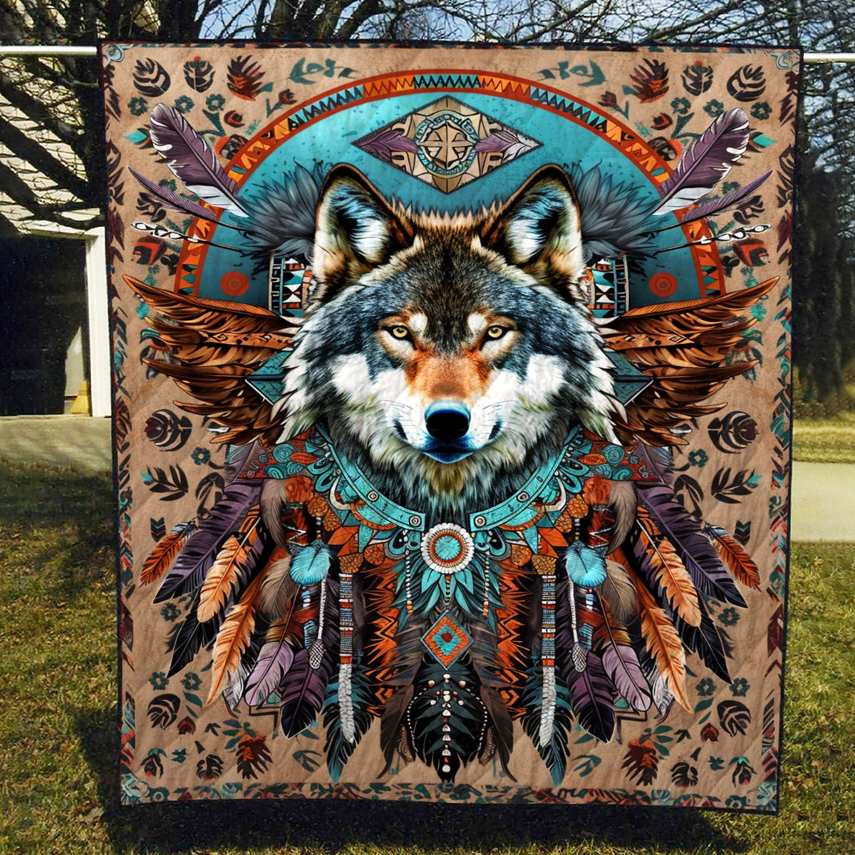 Tribal Feather Wolf Quilted Blanket