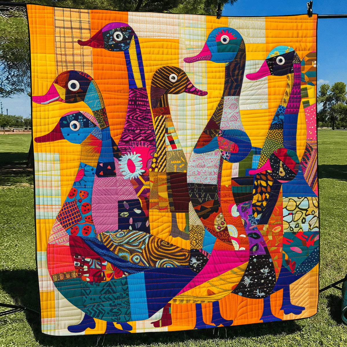 Vibrant Duck Village Quilted Blanket