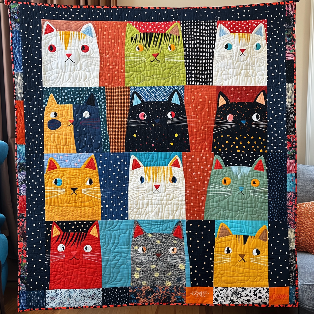 Vibrant Cat-Themed Quilted Blanket