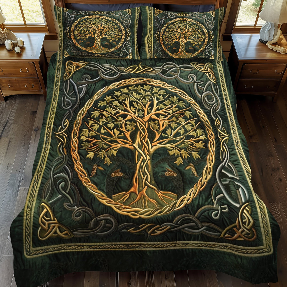 Golden Celtic Tree Of Life 3-Piece Quilted Bedding Set