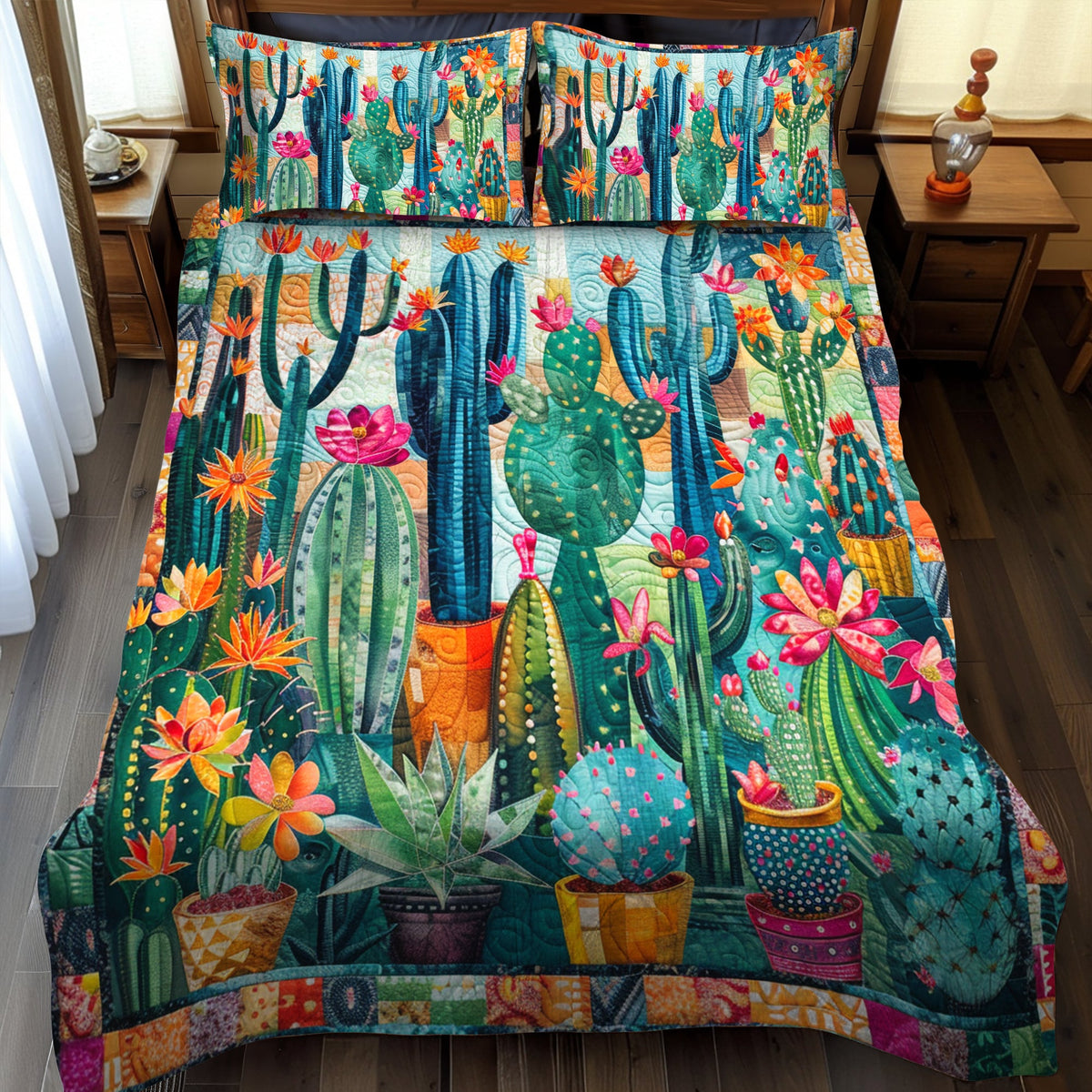Succulent Cactus Garden 3-Piece Quilted Bedding Set