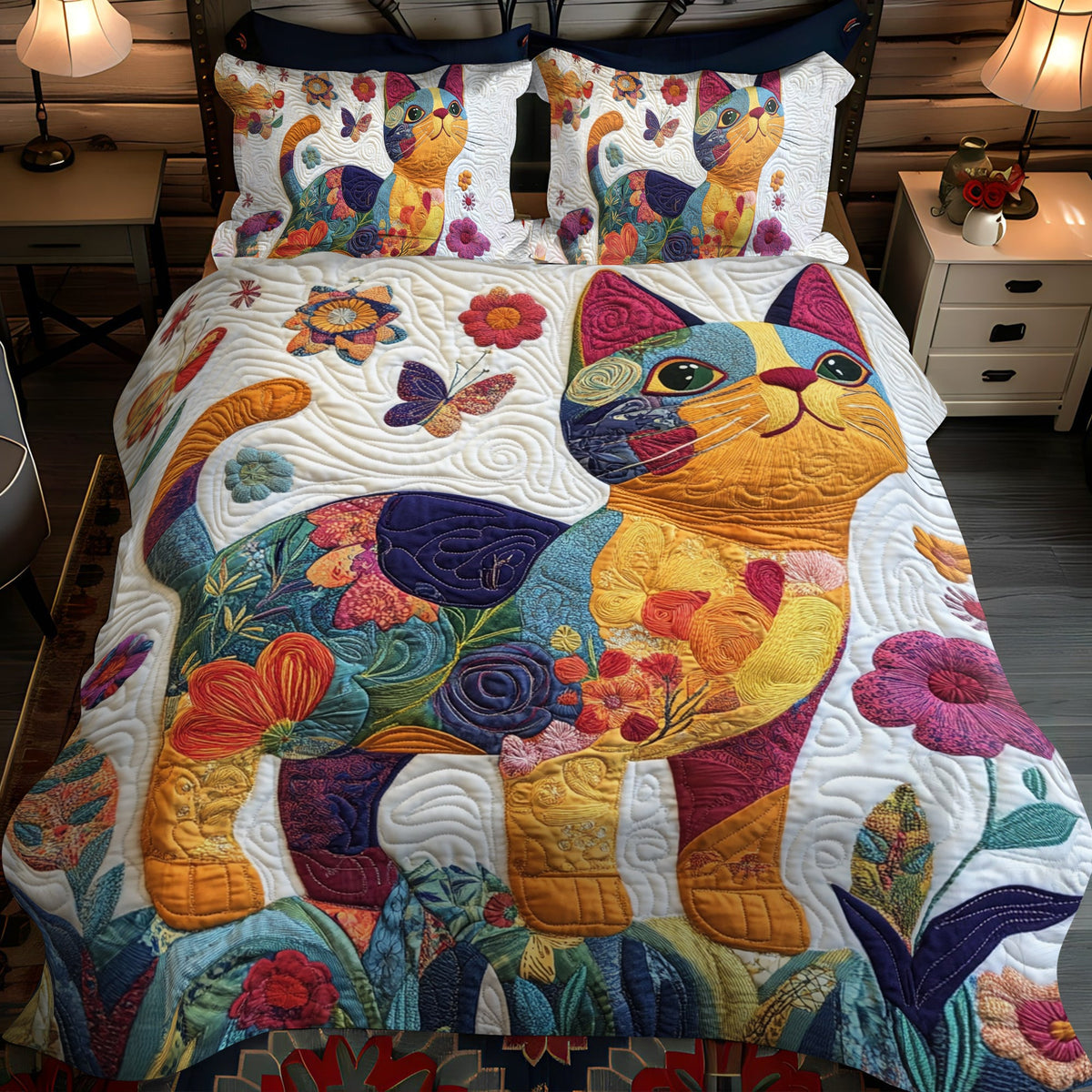 Playful Floral Cats 3-Piece Quilted Bedding Set