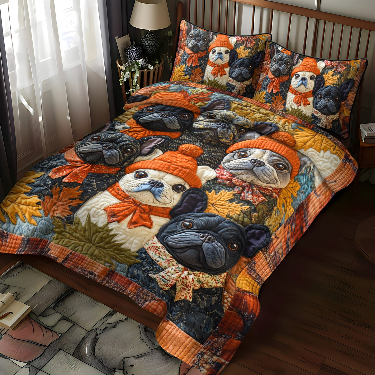 Frenchie Faces Thanksgiving 3-Piece Quilted Bedding Set
