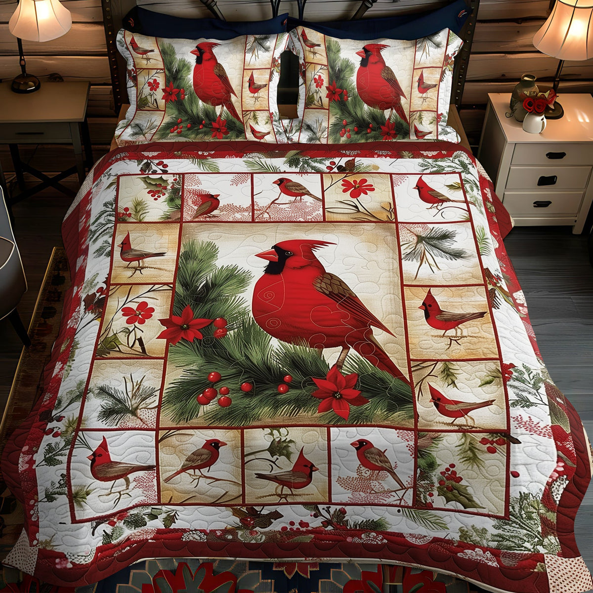 Nature-Inspired Cardinal 3-Piece Quilted Bedding Set