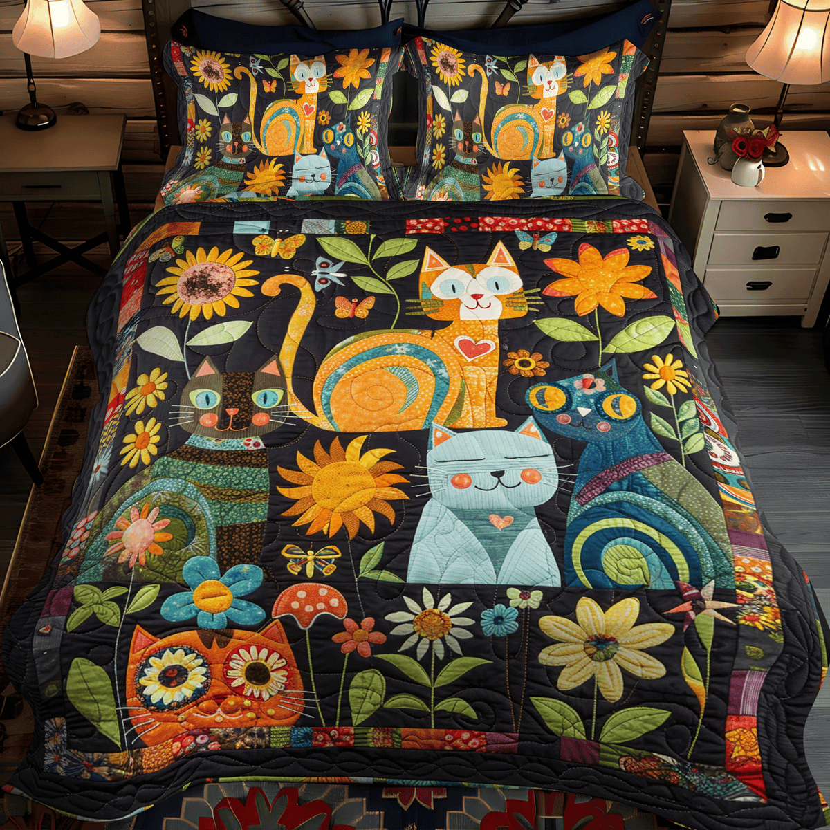 Artistic Cat-Themed 3-Piece Quilted Bedding Set