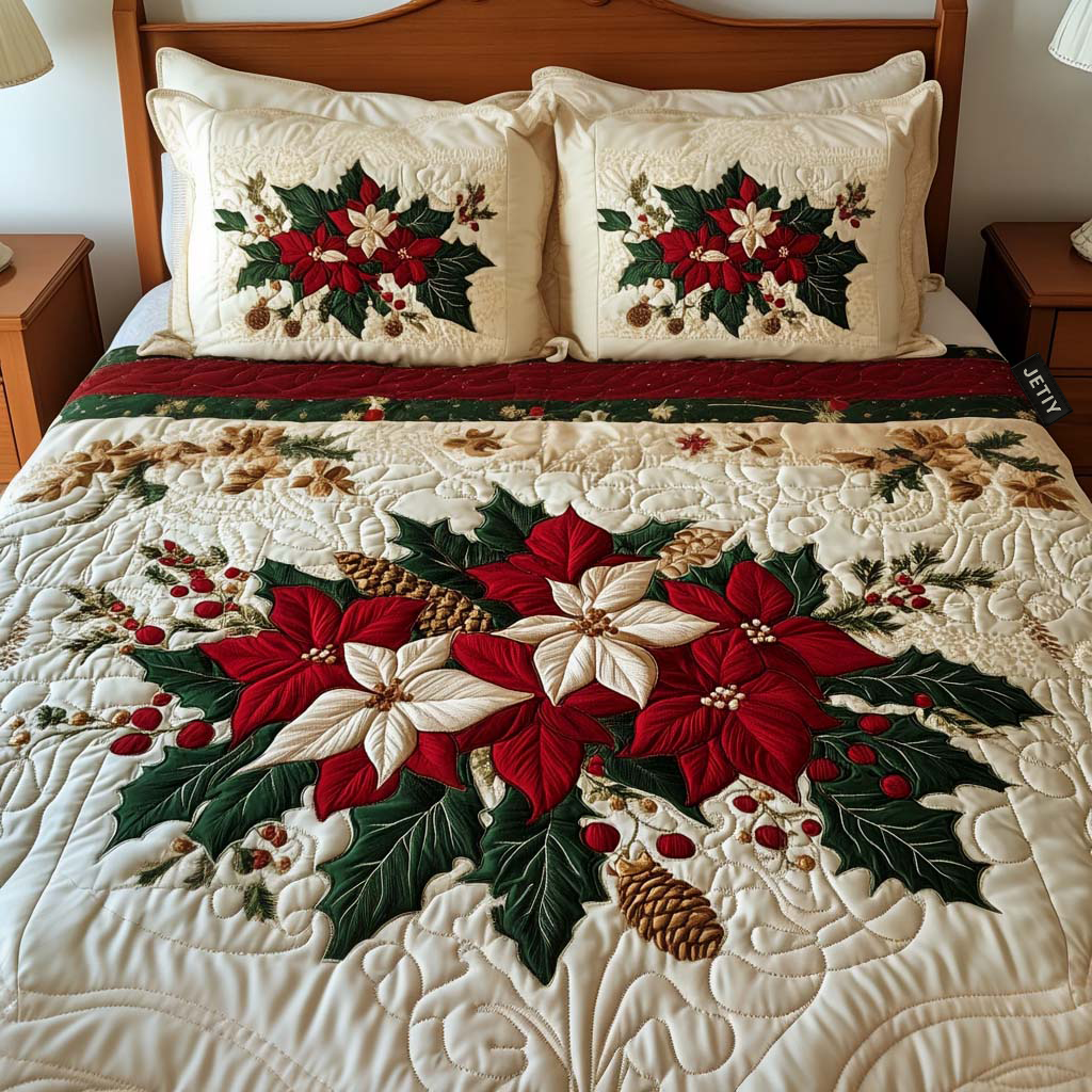 Poinsettia Charm 3-Piece Quilted Bedding Set