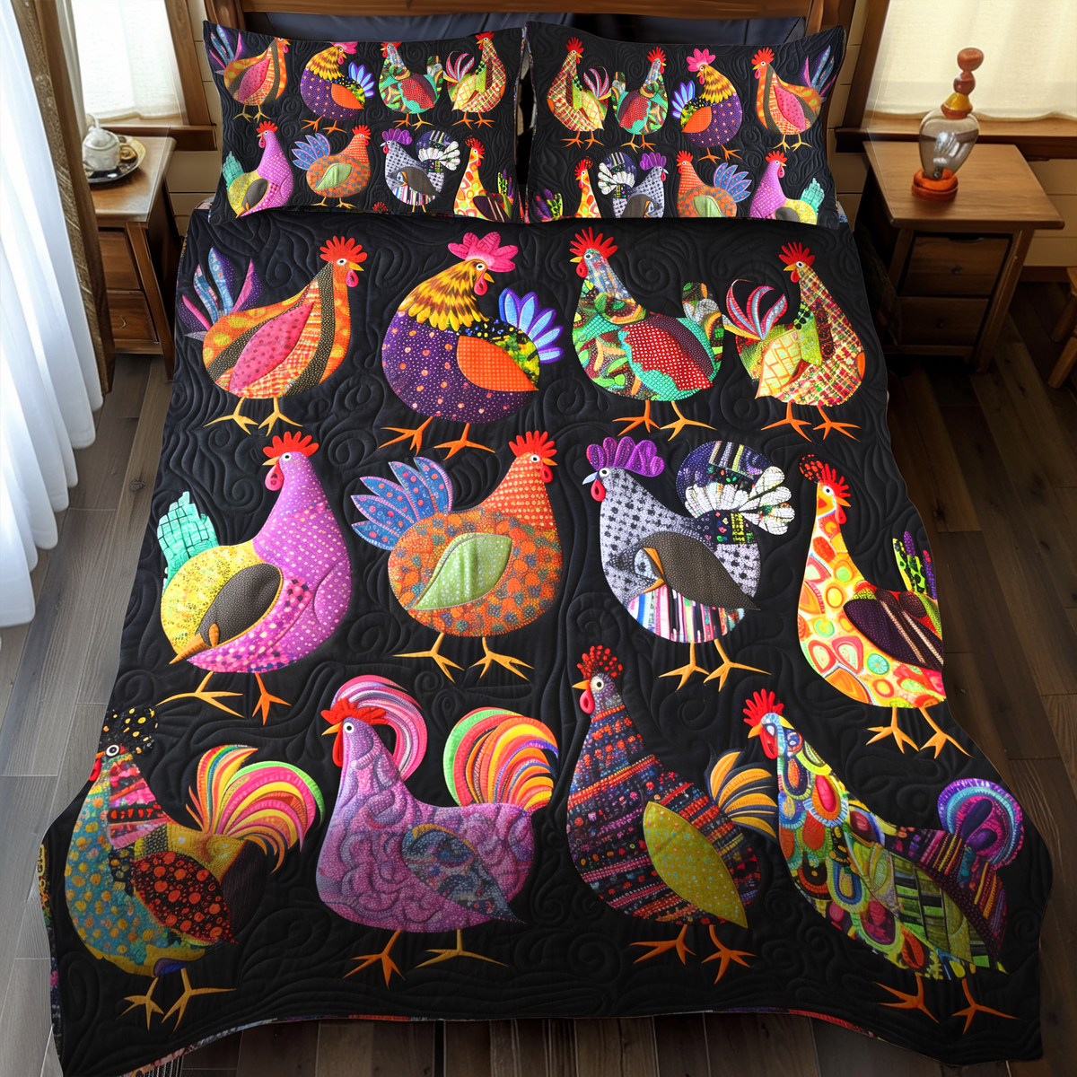Chicken Hues Harmony 3-Piece Quilted Bedding Set