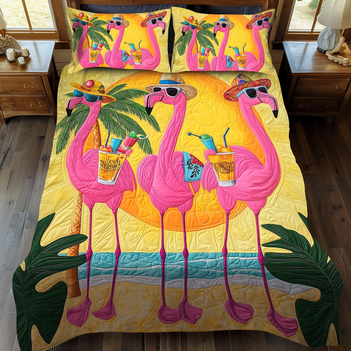 Adorable Flamingo 3-Piece Quilted Bedding Set