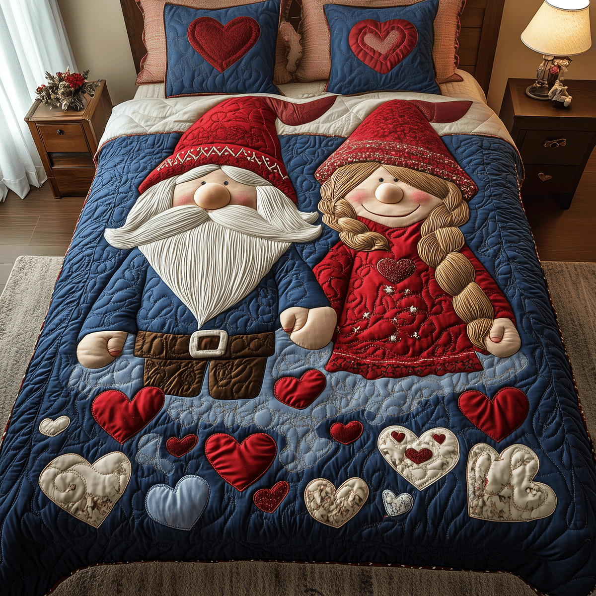 Adoring Gnome Pair 3-Piece Quilted Bedding Set
