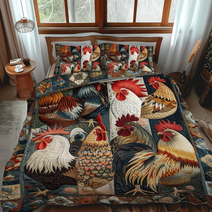 Antique Rooster 3-Piece Quilted Bedding Set