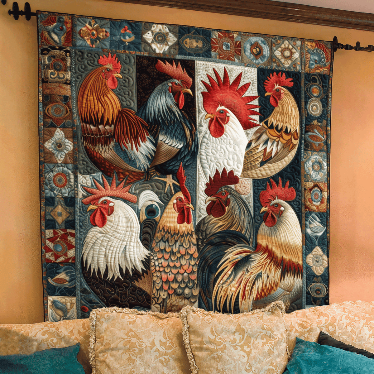 Antique Rooster Quilted Blanket