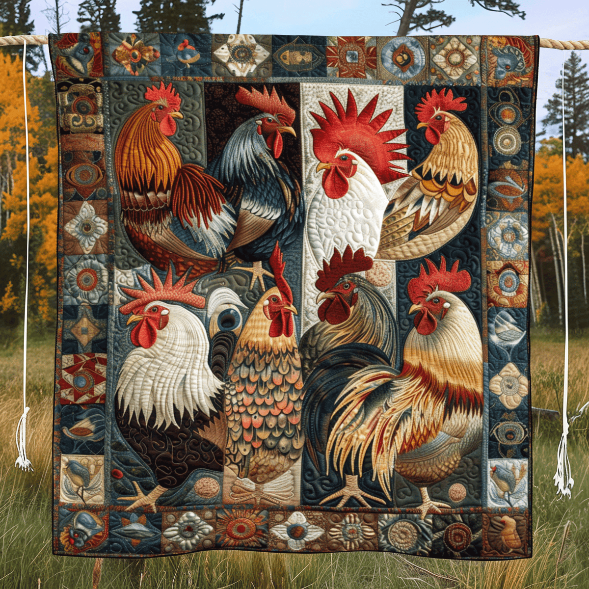 Antique Rooster Quilted Blanket