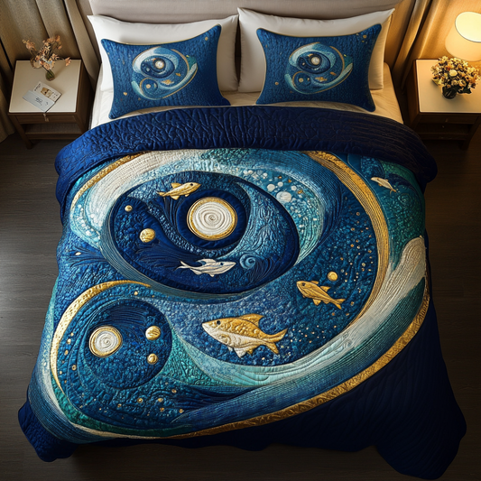 Aqua Whirl 3-Piece Quilted Bedding Set