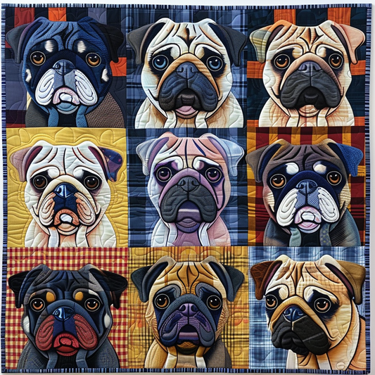 Artistic Pug Illustrations Quilted Blanket