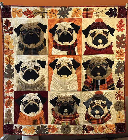 Autumn Pug Charm Quilted Blanket