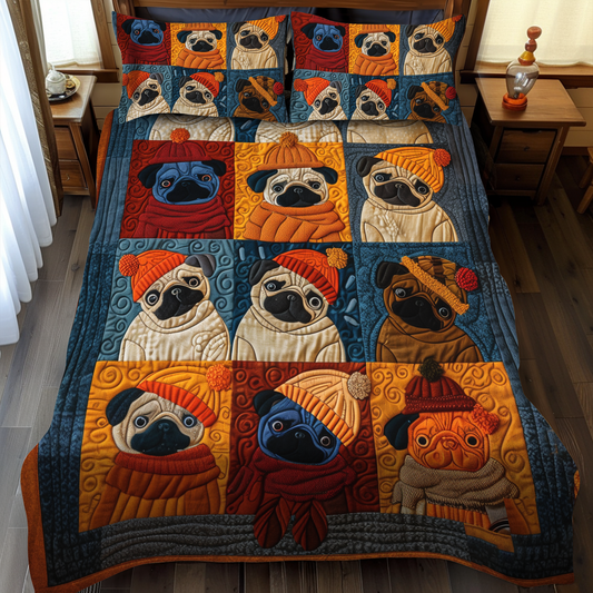 Autumn Pugs 3-Piece Quilted Bedding Set