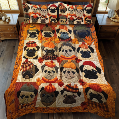 Autumn Vibe Pugs 3-Piece Quilted Bedding Set