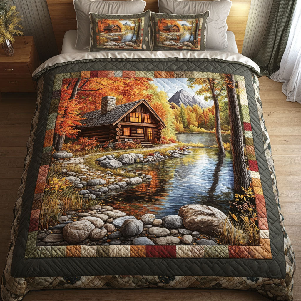 Autumn Lakeside Cabin 3-Piece Quilted Bedding Set