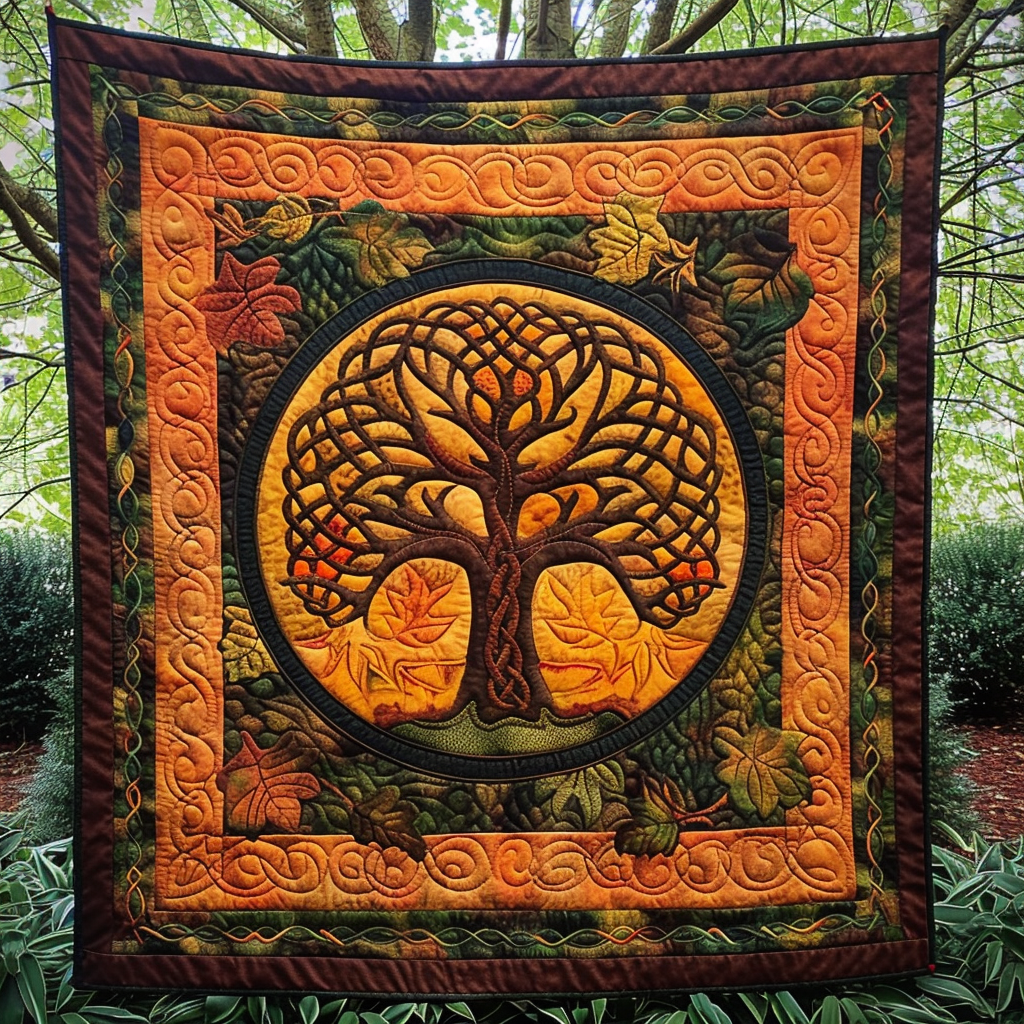 Autumnal Celtic Tree Quilted Blanket