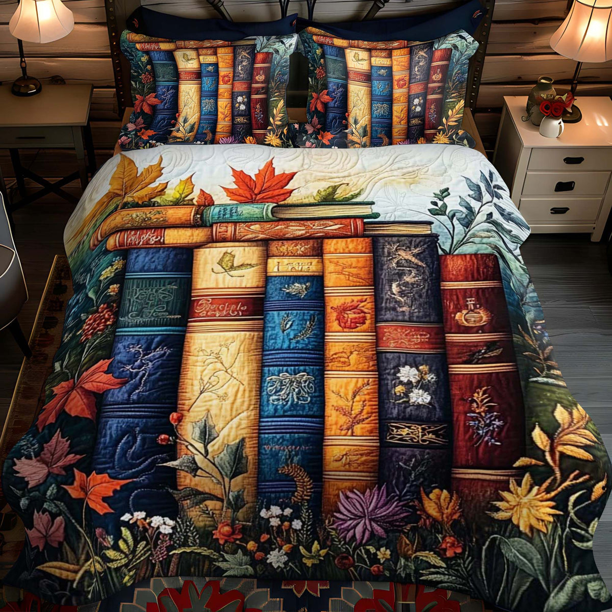 Autumnal Bookshelf 3-Piece Quilted Bedding Set