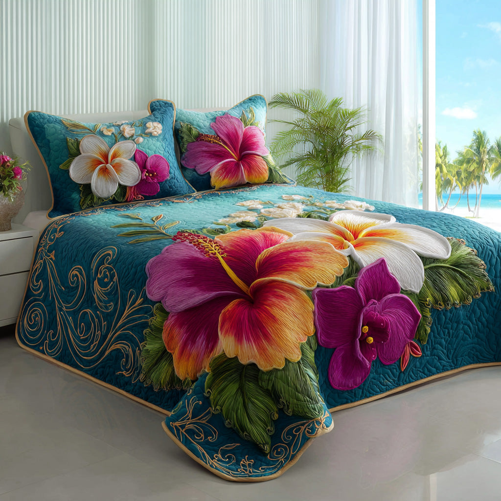 Azure Bloom 3-Piece Quilted Bedding Set