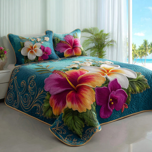 Azure Bloom 3-Piece Quilted Bedding Set