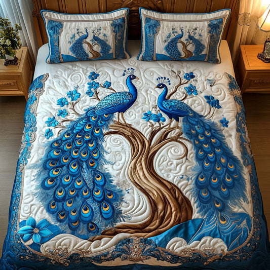 Azure Feathers 3-Piece Quilted Bedding Set