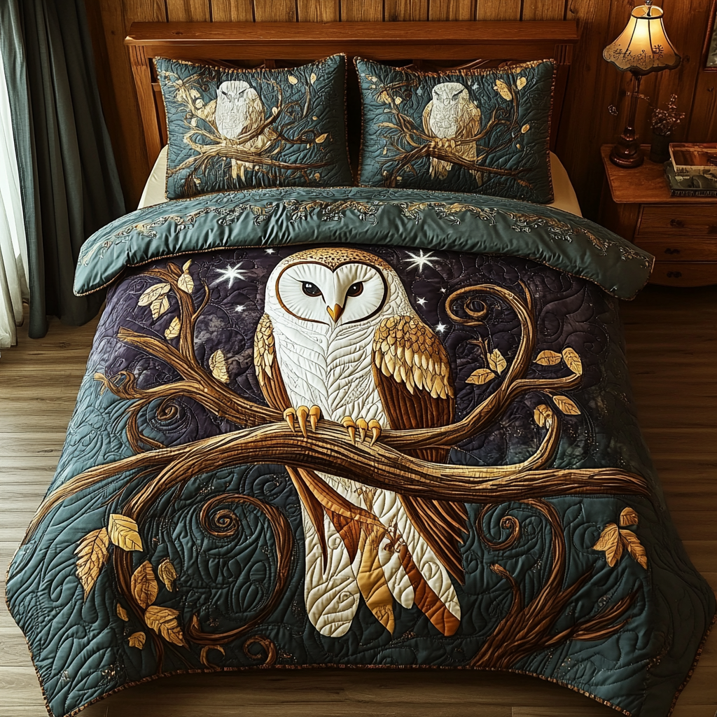Barn Owl Midnight Perch 3-Piece Quilted Bedding Set