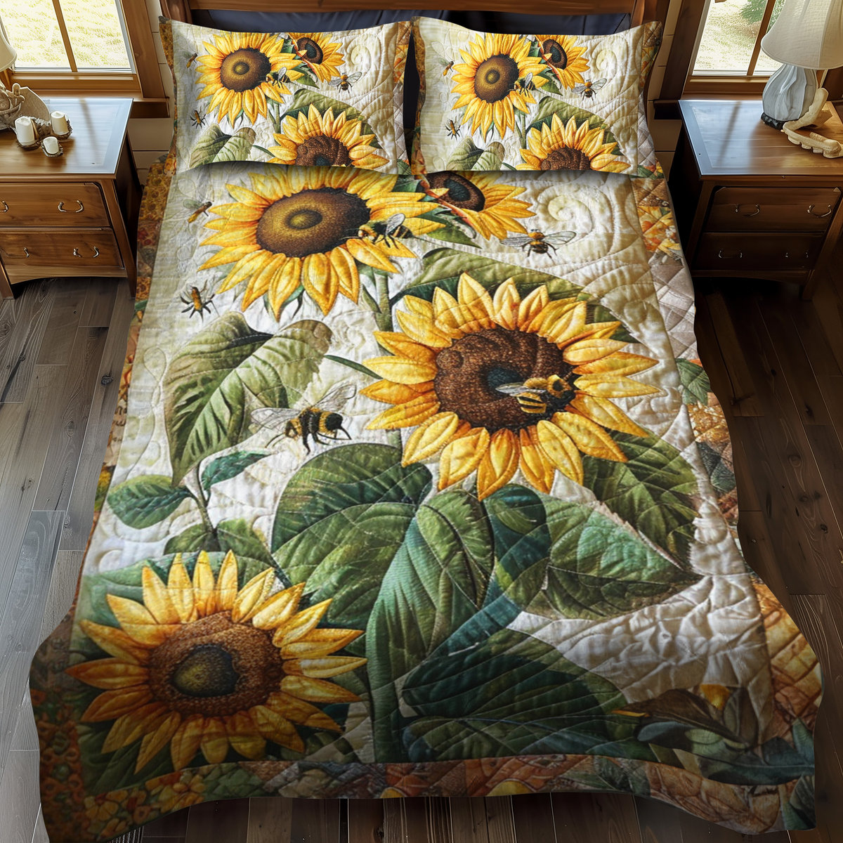 Bee-Flower Serenade 3-Piece Quilted Bedding Set
