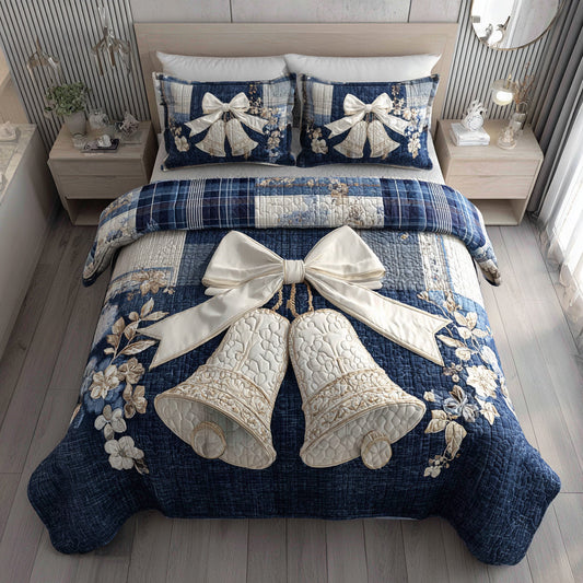 Bell Ribbon Blue 3-Piece Quilted Bedding Set