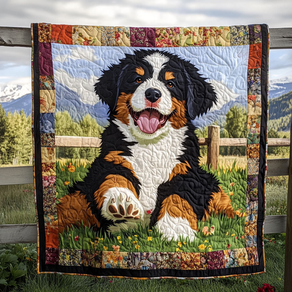 Bernese Mountain Sunrise Quilted Blanket