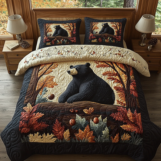 Black Bear Autumn Vintage Charm 3-Piece Quilted Bedding Set