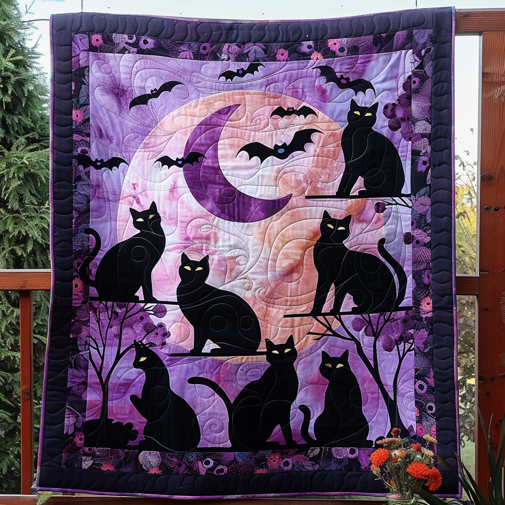 Black Cat Night Quilted Blanket