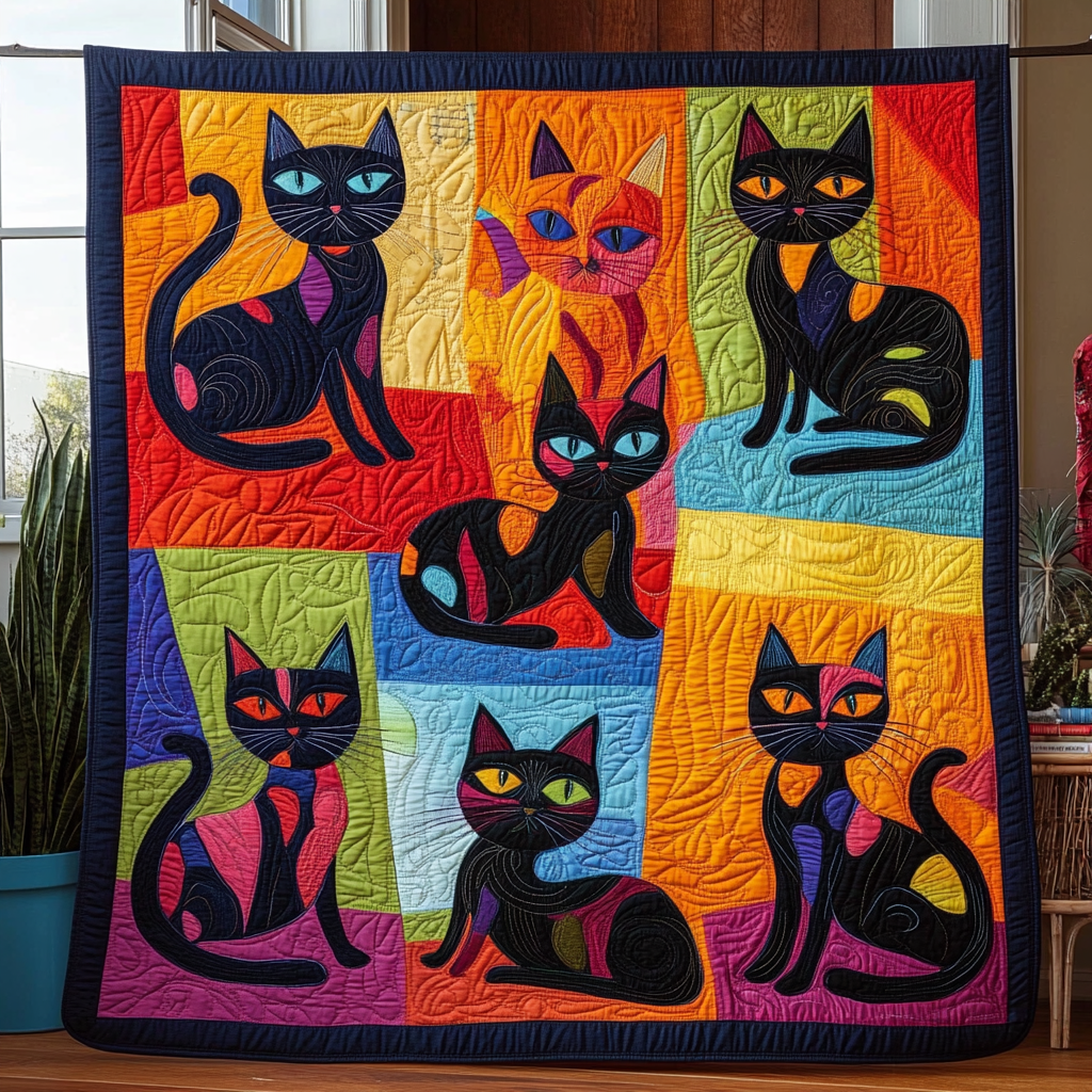 Black Cat Playing Quilted Blanket
