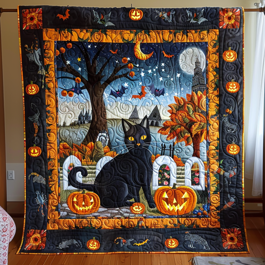 Black Cat Pumpkin Quilted Blanket