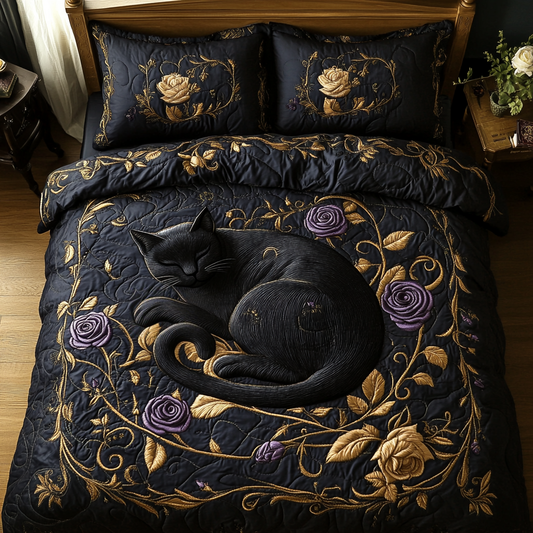 Black Rose Cat 3-Piece Quilted Bedding Set
