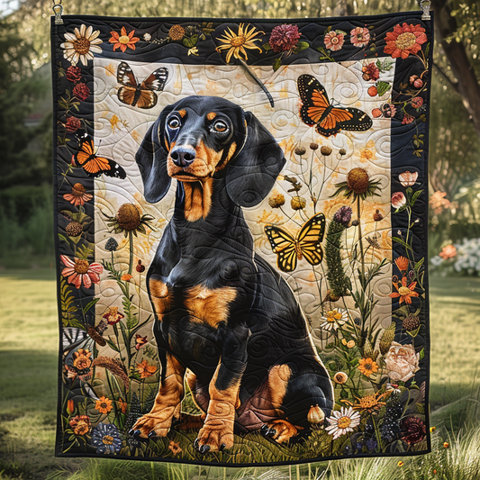 Black and Gold Dachshund Quilted Blanket